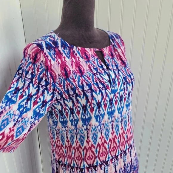 Chico’s Pastel Ikat Print Keyhole Short Dress Warm Multi Size 0 Small Blue Pink - Picture 11 of 12
